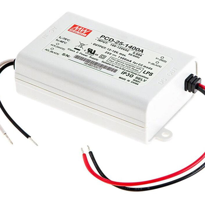 Mean Well LED Switching Power Supply - PCD Series 20-25W AC Dimmable LED Constant Current Driver - A-Type - 1400mA - 24-48 VDC