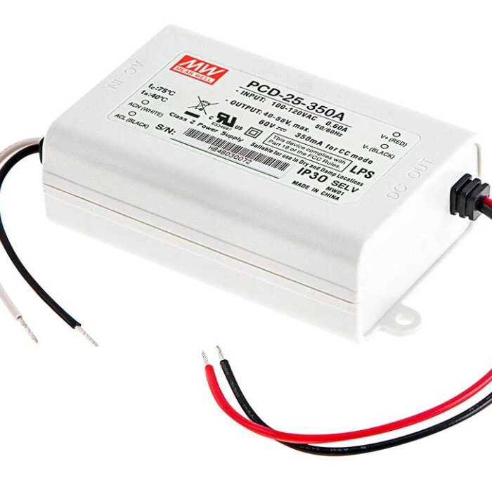 Mean Well LED Switching Power Supply - PCD Series 20-25W AC Dimmable LED Constant Current Driver - A-Type - 350mA - 40-58 VDC