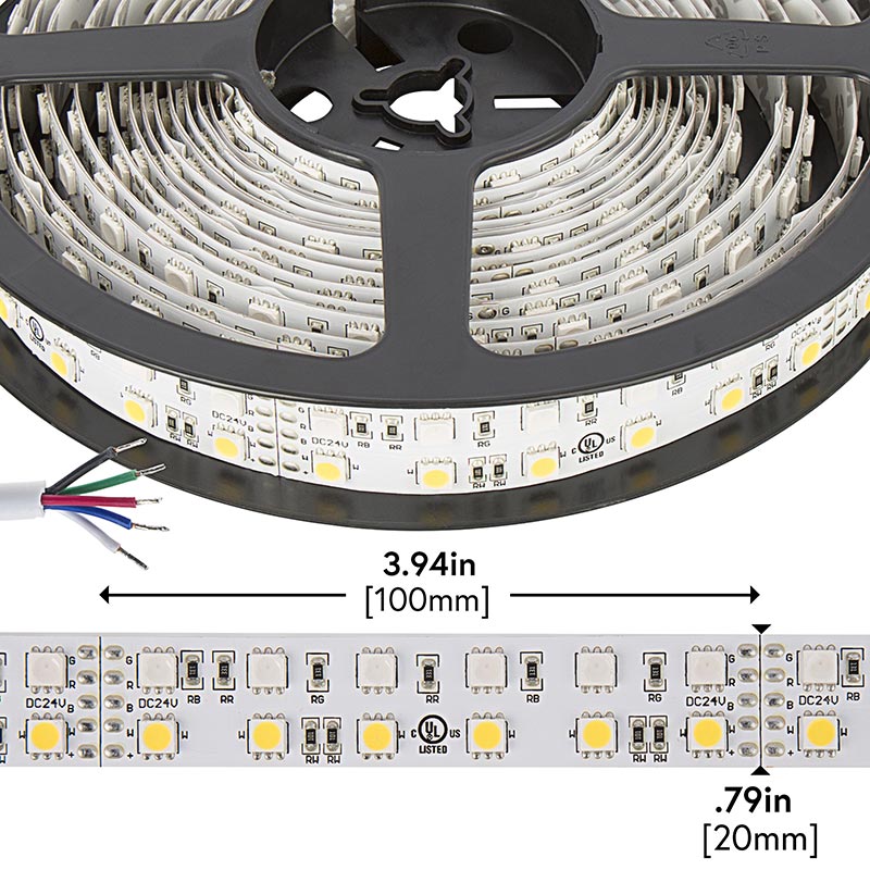 RGBW LED Strip Lights - Dual Row 24V LED Tape Light w/ White and Multicolor LEDs - 530 Lumens/ft.