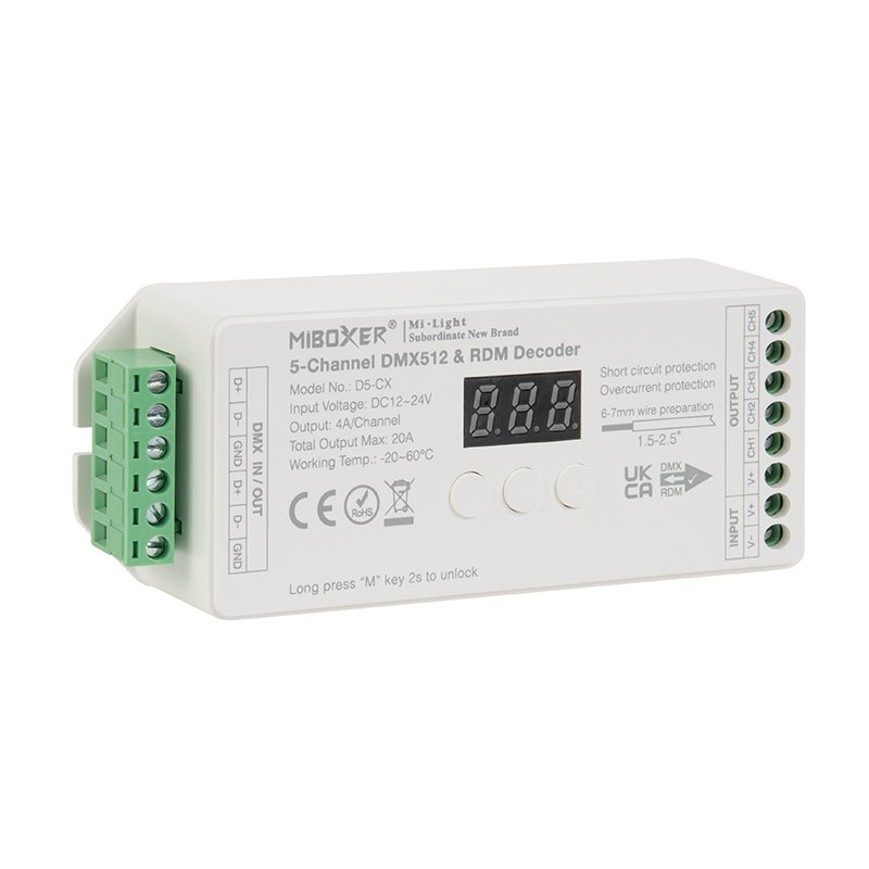 5 Channel LED DMX512 and RDM Decoder - 4 A/CH - Digital Display - 12-24 VDC