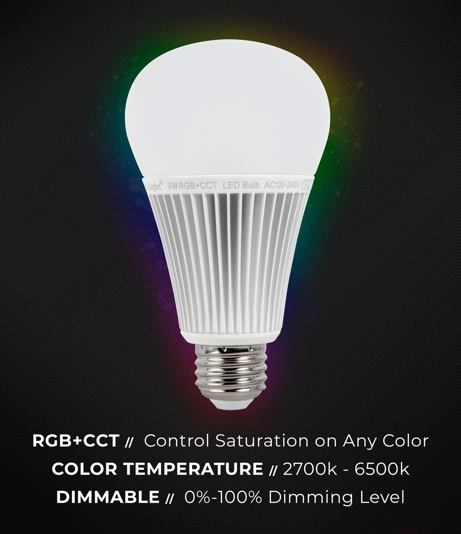 A19 MiLight RGB+Tunable White LED Bulb - 9-Watt (60-Watt Equivalent) - 850 Lumens - RF Remote Included