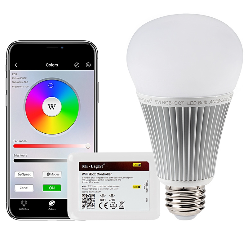 A19 MiLight Wi-Fi Smart LED Bulb - RGB+Tunable White - 9-Watt (60-Watt Equivalent) - 850 Lumens - Smartphone Compatible