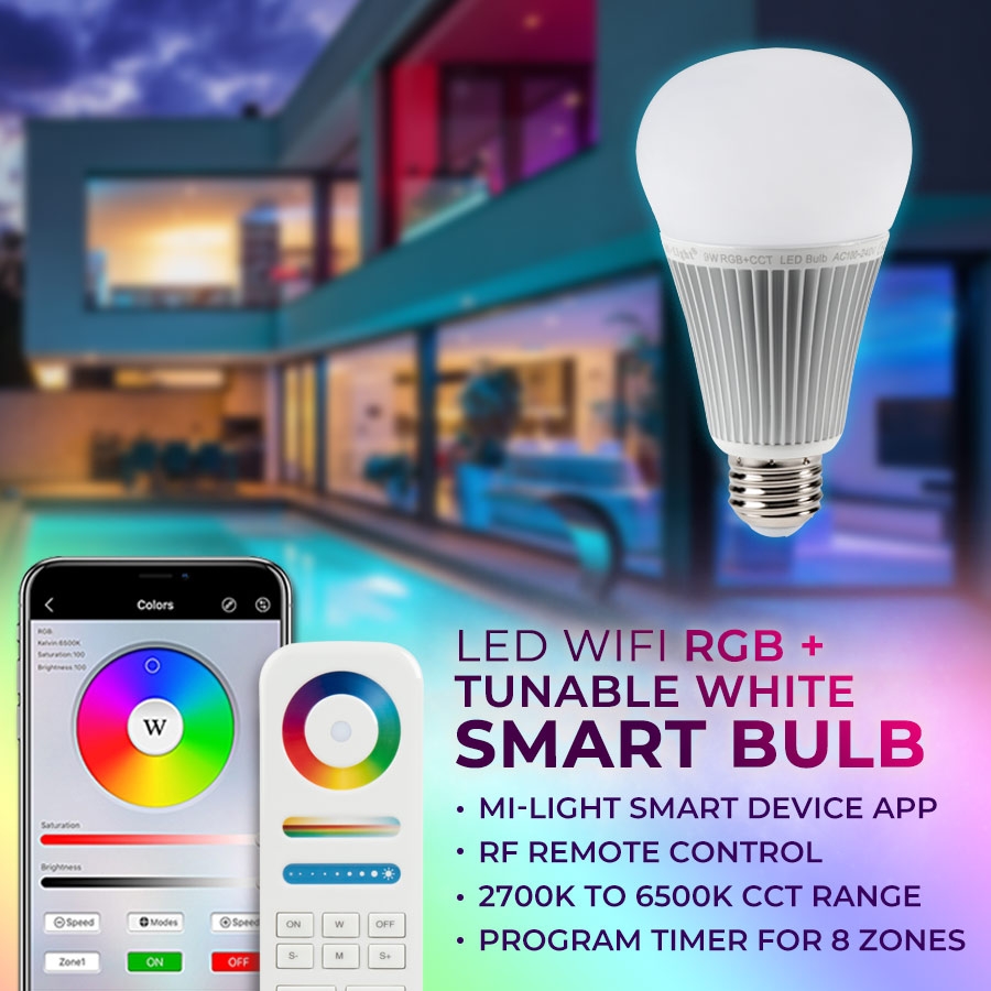 A19 MiLight Wi-Fi Smart LED Bulb - RGB+Tunable White - 9-Watt (60-Watt Equivalent) - 850 Lumens - Smartphone Compatible