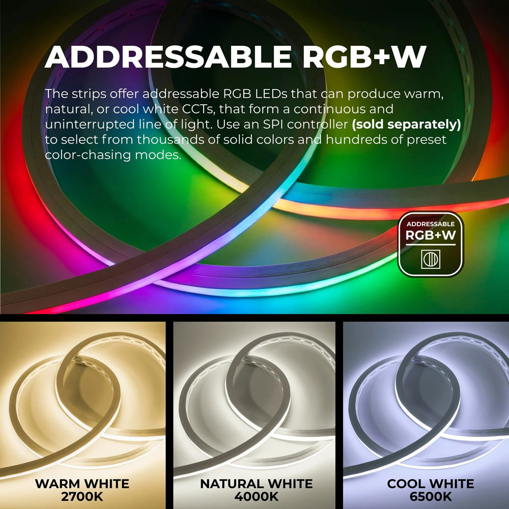 Addressable RGBW Neon LED Strip Light - Dual Bend Neon Flex - IP67 - 20mm Wide - 24V - 5m