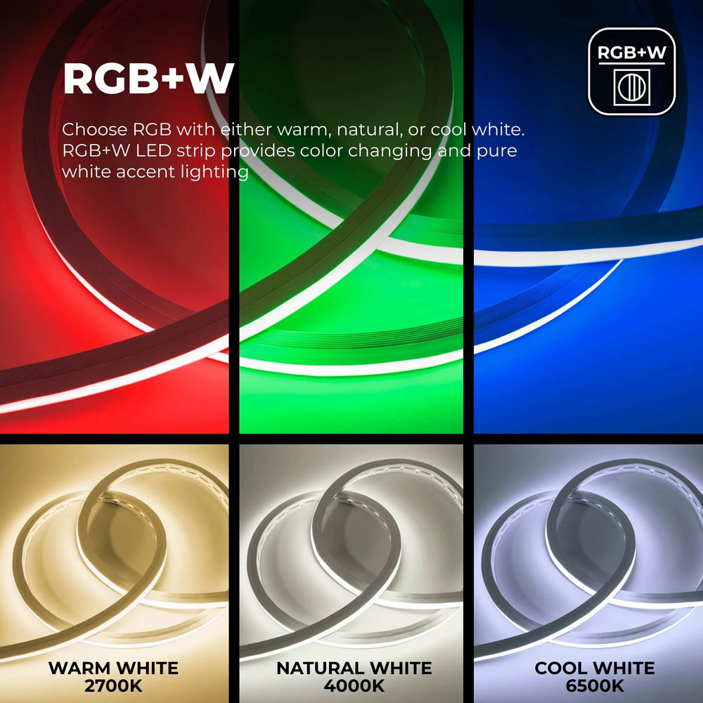 RGBW Neon LED Strip Lights - Dual Bend Neon Flex - IP67 - 20mm Wide - 24V - 5m