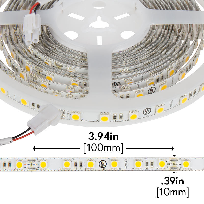 5050 White LED Strip Light - LED Tape Light w/ Plug-and-Play LC2 Connector - 24V - IP20 - 375 lm/ft