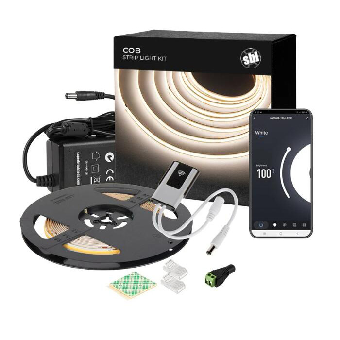 White LED COB Strip Light Kit - 5m Tape Light - 24V - Alexa / Google Assistant / Compatible Wi-Fi / Bluetooth Controller - 302 lm/ft
