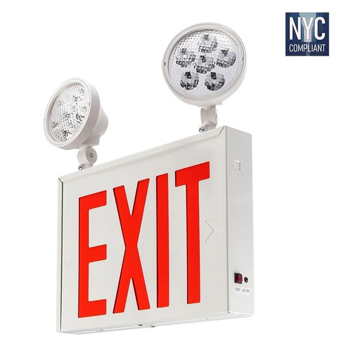 Red LED Exit Sign - NYC Emergency Light with Backup Battery - (2) Adjustable Light Heads - XSCS-RW