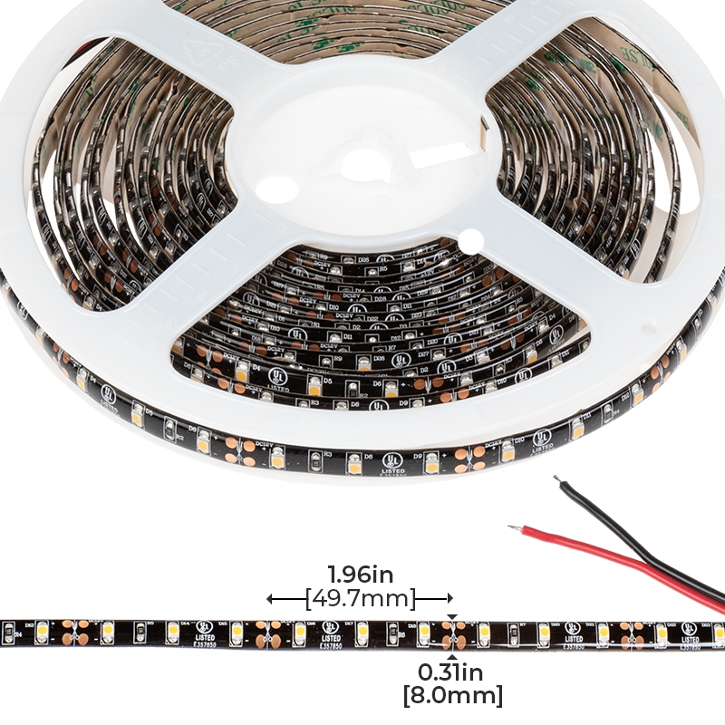 5m Single Color LED Black PCB Strip Light - Eco Series Tape Light - Dimmable - 12V - IP64 - 3000K / 4000K / 6500K